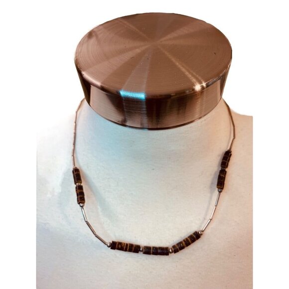 Vintage Silvertone Bead Brown Necklace 18" Barrel Clasp Screw Closure - Picture 2 of 13